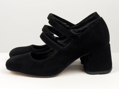 Дизайнерские туфли из натуральной черной замши  на устойчивом квадратном каблуке,   Т-2067-02